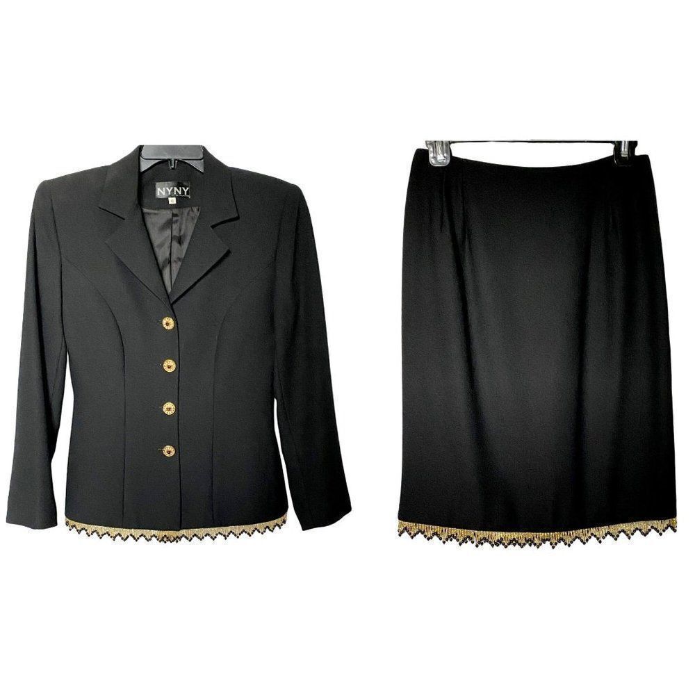 NYNY by Valentine Black Jacket & Skirt Suit Sz 6 Beaded Fringe Wrinkle Free
